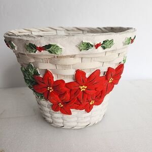 Vintage White Wicker Poinsettia and Holly Christmas Basket